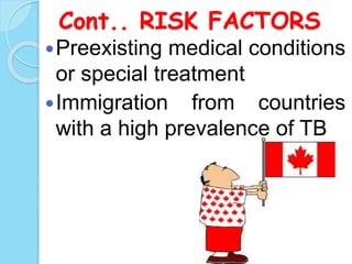 Cont.. RISK FACTORS
Preexisting medical conditions
or special treatment
Immigration from countries
with a high prevalence of TB
 