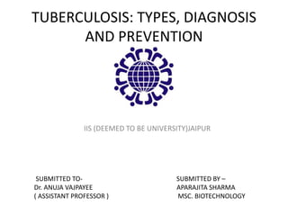TUBERCULOSIS: TYPES, DIAGNOSIS
AND PREVENTION
IIS (DEEMED TO BE UNIVERSITY)JAIPUR
SUBMITTED TO- SUBMITTED BY –
Dr. ANUJA VAJPAYEE APARAJITA SHARMA
( ASSISTANT PROFESSOR ) MSC. BIOTECHNOLOGY
 