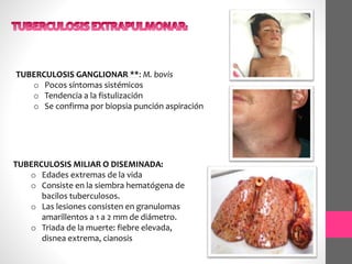 TUBERCULOSIS GANGLIONAR **: M. bovis
o Pocos síntomas sistémicos
o Tendencia a la fistulización
o Se confirma por biopsia punción aspiración
TUBERCULOSIS MILIAR O DISEMINADA:
o Edades extremas de la vida
o Consiste en la siembra hematógena de
bacilos tuberculosos.
o Las lesiones consisten en granulomas
amarillentos a 1 a 2 mm de diámetro.
o Triada de la muerte: fiebre elevada,
disnea extrema, cianosis
 