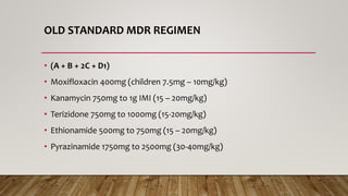 OLD STANDARD MDR REGIMEN
• (A + B + 2C + D1)
• Moxifloxacin 400mg (children 7.5mg – 10mg/kg)
• Kanamycin 750mg to 1g IMI (15 – 20mg/kg)
• Terizidone 750mg to 1000mg (15-20mg/kg)
• Ethionamide 500mg to 750mg (15 – 20mg/kg)
• Pyrazinamide 1750mg to 2500mg (30-40mg/kg)
 