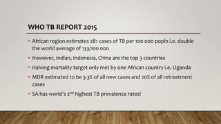 WHO TB REPORT 2015
• African region estimates 281 cases of TB per 100 000 popln i.e. double
the world average of 133/100 000
• However, Indian, Indonesia, China are the top 3 countries
• Halving mortality target only met by one African country i.e. Uganda
• MDR estimated to be 3.3% of all new cases and 20% of all retreatment
cases
• SA has world’s 2nd highest TB prevalence rates!
 