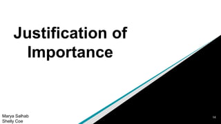 Justification of
Importance
Marya Salhab
Shelly Coe
14
 