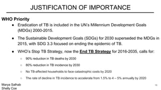 WHO Priority
● Eradication of TB is included in the UN’s Millennium Development Goals
(MDGs) 2000-2015.
● The Sustainable Development Goals (SDGs) for 2030 superseded the MDGs in
2015, with SDG 3.3 focused on ending the epidemic of TB.
● WHO’s Stop TB Strategy, now the End TB Strategy for 2016-2035, calls for:
○ 90% reduction in TB deaths by 2030
○ 80% reduction in TB incidence by 2030
○ No TB-affected households to face catastrophic costs by 2020
○ The rate of decline in TB incidence to accelerate from 1.5% to 4 – 5% annually by 2020
Marya Salhab
Shelly Coe
JUSTIFICATION OF IMPORTANCE
16
 