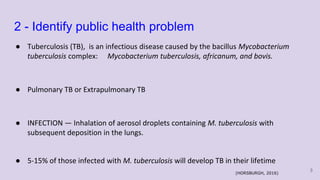 2 - Identify public health problem
● Tuberculosis (TB), is an infectious disease caused by the bacillus Mycobacterium
tuberculosis complex: Mycobacterium tuberculosis, africanum, and bovis.
● Pulmonary TB or Extrapulmonary TB
● INFECTION — Inhalation of aerosol droplets containing M. tuberculosis with
subsequent deposition in the lungs.
● 5-15% of those infected with M. tuberculosis will develop TB in their lifetime
(HORSBURGH, 2016)
3
 
