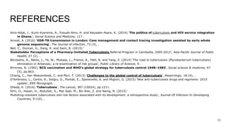 REFERENCES
Amo-Adjei, J., Kumi-Kyereme, A., Fosuah-Amo, H. and Awusabo-Asare, K. (2014) 'The politics of tuberculosis and HIV service integration
in Ghana.', Social Science and Medicine, 117 .
Arnold, A. (2016) 'XDR-TB transmission in London: Case management and contact tracing investigation assisted by early whole
genome sequencing', The Journal of infection, 73 (3), .
Bell, C., Duncan, G., Eang, R. and Saini, B. (2015) '
Stakeholder Perceptions of a Pharmacy-Initiated Tuberculosis Referral Program in Cambodia, 2005-2012', Asia-Pacific Journal of Public
Health, 27 (2), .
Berzkalns, A., Bates, J., Ye, W., Mukasa, L., France, A., Patil, N. and Yang, Z. (2014) 'The road to tuberculosis (Mycobacterium tuberculosis)
elimination in Arkansas; a re-examination of risk groups', Public Library of Science, 9 .
Brimnes, N. (1982) 'BCG vaccination and WHO's global strategy for tuberculosis control 1948–1983', Social science & medicine, 67
(5), pp.863.
Chiang, C., Van Weezenbeek, C. and Mori, T. (2013) 'Challenges to the global control of tuberculosis', Respirology, 18 (4), .
D'Ambrosio, L., Centis, R., Sotgiu, G., Pontali, E., Spanevello, A. and Migliori, G. (2015) 'New anti-tuberculosis drugs and regimens: 2015
update', ERS Monograph, .
Dheda, K. (2016) 'Tuberculosis', The Lancet, 387 (10024), pp.1211.
Elmi, O., Hasan, H., Abdullah, S., Mat Jeab, M., Bin Alwi, Z. and Naing, N. (2015) '
Multidrug-resistant tuberculosis and risk factors associated with its development: a retrospective study', Journal Of Infection In Developing
Countries, 9 (10), .
33
 