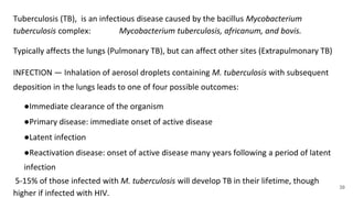 Tuberculosis (TB), is an infectious disease caused by the bacillus Mycobacterium
tuberculosis complex: Mycobacterium tuberculosis, africanum, and bovis.
Typically affects the lungs (Pulmonary TB), but can affect other sites (Extrapulmonary TB)
INFECTION — Inhalation of aerosol droplets containing M. tuberculosis with subsequent
deposition in the lungs leads to one of four possible outcomes:
●Immediate clearance of the organism
●Primary disease: immediate onset of active disease
●Latent infection
●Reactivation disease: onset of active disease many years following a period of latent
infection
5-15% of those infected with M. tuberculosis will develop TB in their lifetime, though
higher if infected with HIV.
39
 