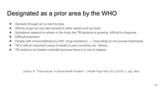 Designated as a prior area by the WHO
● Spreads through air so hard to stop
● Affects lungs but can also spread to other areas such as brain
● Symptoms depend on where in the body the TB bacteria is growing: difficult to diagnose
● Difficult treatment
● People with immunodeficiency (HIV, drug resistance…) more likely to not survive treatments.
● TB is still an important cause of death in poor countries (ex: Africa).
● TB needs to be treated carefully because there is a risk of relapse.
Zaman, K. "Tuberculosis: A Global Health Problem". J Health Popul Nutr 28.2 (2010): n. pag. Web.
58
 