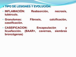  TIPO DE LESIONES Y EVOLUCIÓN:
• INFLAMACIÓN:        Reabsorción,       necrosis,
 tubérculo.
• Granulomas:        Fibrosis,       calcificación,
 caseificación.
• CASEIFICACION:         Encapsulación     y
 licuefacción.    (BAAR+, cavernas, siembras
 broncógenas)
 