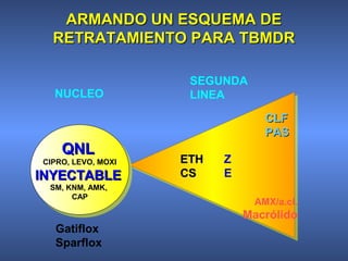 NUCLEO
ARMANDO UN ESQUEMA DEARMANDO UN ESQUEMA DE
RETRATAMIENTO PARA TBMDRRETRATAMIENTO PARA TBMDR
SEGUNDA
LINEA
Gatiflox
Sparflox
ETHETH
CSCS
Z
E
QNLQNL
CIPRO, LEVO, MOXI
INYECTABLEINYECTABLE
SM, KNM, AMK,
CAP
QNLQNL
CIPRO, LEVO, MOXI
INYECTABLEINYECTABLE
SM, KNM, AMK,
CAP
AMX/a.cl.
Macrólido
CLFCLF
PASPAS
 