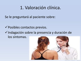 1. Valoración clínica.
Se le preguntará al paciente sobre:
Posibles contactos previos.
Indagación sobre la presencia y duración de
los síntomas.

 
