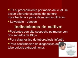  Es el procedimiento por medio del cual, se
aíslan diferente especies del genero
mycobacteria a partir de muestras clínicas.
 Lowestein – Jensen
Indicaciones de cultivo:
Pacientes con alta sospecha pulmonar con
dos seriados de Bk(-).
Para diagnostico de tuberculosis infantil.
Para confirmación de diagnostico de
tuberculosis extrapulmonar.
 