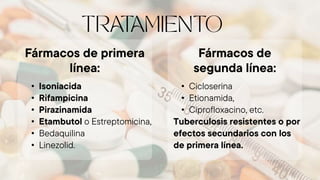 Fármacos de primera
línea:
• Isoniacida
• Rifampicina
• Pirazinamida
• Etambutol o Estreptomicina,
• Bedaquilina
• Linezolid.
Fármacos de
segunda línea:
• Cicloserina
• Etionamida,
• Ciprofloxacino, etc.
Tuberculosis resistentes o por
efectos secundarios con los
de primera línea.
 