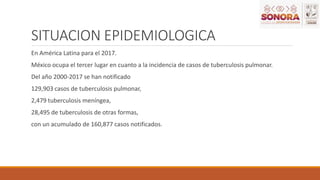SITUACION EPIDEMIOLOGICA
En América Latina para el 2017.
México ocupa el tercer lugar en cuanto a la incidencia de casos de tuberculosis pulmonar.
Del año 2000-2017 se han notificado
129,903 casos de tuberculosis pulmonar,
2,479 tuberculosis meníngea,
28,495 de tuberculosis de otras formas,
con un acumulado de 160,877 casos notificados.
 