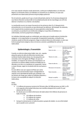 Si en esta relación el bacilo resulta dominante, continuará multiplicándose y la infección
llegará a su horizonte clínico y el individuo se convertirá en un enfermo, en cuyo caso
presentará una tuberculosis primaria de gran peligro potencial.
Por el contrario, puede ocurrir que a través del período anterior (3 a 8 semanas después de
ocurrida la infección) se desarrolle la inmunidad (activación de los macrófagos con el fin de
destruir o inactivar en su interior a los bacilos)
La reactivación ocurre con mayor frecuencia en los primeros años (2 a 5) después de la
primoinfección o en el momento en que disminuyen las defensas del huésped. No obstante,
en la mayoría de las ocasiones pasa sin causa aparente y estos bacilos
se activarán y se producirá una reinfección endógena, la que lleva al individuo a la
enfermedad, a la forma posprimaria endógena.
Un individuo infectado puede ser reinfectado, pero ahora por el medio externo (reinfección
exógena), y si la carga bacilar es muy grande, la exposición mantenida, o el bacilo muy
virulento, puede la infección progresar y llegar al umbral clínico de enfermedad, en este caso
la forma posprimaria exógena; ésta es la tercera variante o posibilidad de contraer la
tuberculosis
Epidemiología y Transmisión
Cuando un enfermo tuberculoso habla, tose, etc., expulsa
pequeñas gotas de saliva de diferentes tamaños que
contienen bacilos tuberculosos; las más pequeñas son
conocidas como microgotas de Pflüger, las que son
invisibles, se evaporan de manera casi instantánea y se
convierten en núcleos sólidos (núcleos de Wells) que se
difunden en el aire y se mantienen en suspensión, menor
o mayor tiempo, según la circulación del aire sea buena o
mala.
En este último caso son capaces de flotar por varios
minutos. Este aerosol tendrá mayor contagiosidad en
relación con la densidad de bacilos que contenga y con
los factores de riesgo que rodeen al individuo expuesto y
lo hacen más susceptible de adquirir la infección
tuberculosa.
Datos
En 2022
 1.3 millones de pesonas murieron de TB (entre ellas 167,000 personas con VIH). La TB
es la segunda enfermedad infecciosa mas mortífera después de la covid-19 y por
delante del VIH y el sida.
 Se calcula que en el 2022 enfermaron de tuberculosis 10.6 millones de personas en
todo el mundo:
 5.8 millones de hombres
 3,5 millones de mujeres
 1.3 millones de niños
 Aunque la está presente en todos los países y grupos de edades es una enfermedad
que se puede curar y prevenir
 
