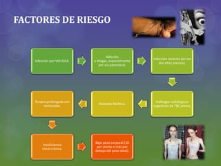 FACTORES DE RIESGO
Infección por VIH-SIDA.
Adicción
a drogas, especialmente
por vía parenteral.
Infección reciente (en los
dos años previos).
Hallazgos radiológicos
sugestivos de TBC previa.
Diabetes Mellitus.
Terapia prolongada con
corticoides.
Insuficiencia
renal crónica.
Bajo peso corporal (10
por ciento o más por
debajo del peso ideal).
 
