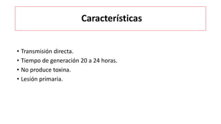Características
• Transmisión directa.
• Tiempo de generación 20 a 24 horas.
• No produce toxina.
• Lesión primaria.
 