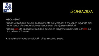 ISONIAZIDA
MECANISMO
• Hepatotoxicidad ocurre generalmente en semanas a meses en lugar de días
o semanas de la aparición de reacciones de hipersensibilidad.
• Hasta 60% de la hepatotoxicidad ocurre en los primeros 3 meses y el 80% en
los primeros 6 meses.
• Se ha encontrado asociación directa con la edad.

 