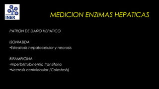 MEDICION ENZIMAS HEPATICAS
PATRON DE DAÑO HEPATICO
ISONIAZIDA
•Esteatosis hepatocelular y necrosis
 
RIFAMPICINA
•Hiperbilirrubinemia transitoria
•Necrosis centrilobular (Colestasis)

 