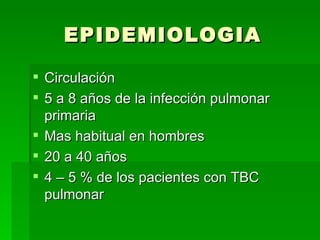 EPIDEMIOLOGIA Circulación 5 a 8 años de la infección pulmonar primaria Mas habitual en hombres 20 a 40 años 4 – 5 % de los pacientes con TBC pulmonar