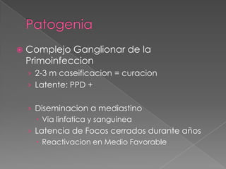 

Complejo Ganglionar de la
Primoinfeccion
› 2-3 m caseificacion = curacion
› Latente: PPD +
› Diseminacion a mediastino
 Via linfatica y sanguinea
› Latencia de Focos cerrados durante años
 Reactivacion en Medio Favorable

 