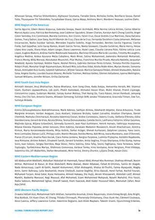 GLOBAL TUBERCULOSIS REPORT 2021 ix
Alhassan Seisay, Hilarius Shilomboleni, Alphazazi Soumana, Tienabe Siene, Nicholas Siziba, Bonifacio Sousa, Daniel
Tollo, Thusoyaone Titi Tsholofelo, Turyahabwe Stavia, Ejersa Waqo, Anthony Worri, Mardemn Yeasuen, Justine Zlahn.
WHO Region of the Americas
Sarita Aguirre, Edwin Alexis Aizpurua, Gabriela Amaya, Dwain Archibald, Milla Norma Leticia Artiles, Carlos Alberto
Marcos Ayala Luna, Patricia Bartholomay, Jose Calderon Squiabro, Shawn Charles, Karolyn April Chong Castillo, Angel
Colon Semidey, Eric Commiesie, Mariela Contrera, Ann Cronin, Yaren Cruz, Oscar Andrés Cruz Martínez, Dana DaCosta
Gomez, Tracy Dalton, Jose Davy, Xochil Alemán de Cruz, Clara de la Cruz, Fernanda Dockhorn Costa Johansen, Melanea
Encarnación, Nadia Escobar Salinas, Mercedes España Cedeño, Hugo Fernandez, Benites Cecilia Figueroa, Clarita
Freile, Gail Gajadhar, Julio Garay Ramos, Anyeli García Torres, Neela Goswami, Claudia Gutiérrez, Maria Henry, Hesse
López Ana Loyda, Diana Khan, Adam Langer, Diana Lawrence, Hazel Laws, Claudia Llerana Polo, Fátima Leticia Luna
López, Eugène Maduro, Andrea Yvette Maldonado Saavedra, Martínez Olivares María de Lourdes, Timothy McLaughlin,
Angélica Medina, Andea Azucena Mejía Caballero, Mark Miner, Salina Mohammed, Jeetendra Mohanlall Mohanlall,
Francis Morey, Willy Morose, Aboubakar Mounchili, Pilar Muñoz, Franchina Murillo Picado, Marcela Natiello, Jacquelyn
Newbold, Ayoola Oyinloye, Robbie Payne, Reshel Perera, Gabriela Denisse Perez Echalar, Tomasa Portillo Esquivel,
Robert Pratt, Manohar Singh Rajamanickam, Richard Milo, Julia Rios Vidal, Alisha Robb-Allen, Myrian Román, Samanta
Rosas, Arelisabel Ruiz Guido, Sateesh Sakhamuri, Wilmer Salazar, Maritza Samayoa Peláez, Ahmed Shalauddin, Natalia
Sosa, Angela Starks, Lourdes Suarez Alvarez, Michelle Trotman, Melissa Valdez, Glenies Valladares, Iyanna Wellington,
Samuel Williams, Jennifer Wilson, Oritta Zachariah.
WHO South-East Asia Region
Aminath Hanaan, Anuj Bhattachan, Ratna Bhattarai, Kum Song Choe, Rada Dukpa, Hemantha Herath, Md. Shamiul
Islam, Dushani Jayawardhana, Lok Joshi, Phalin Kamolwat, Ahmadul Hasan Khan, Mukti Khanal, Pramil Liyanage,
Constantino Lopes, Sudarsan Mandal, Sanjay Kumar Mattoo, Thet Naing Oo, Tiara Pakasi, Imran Pambudi, Jamyang
Pema, Cho Cho San, Antonio Soares, Wilawan Somsong, Sulistyo SKM, Janaka Thilakaratne, Gracinda Tilman, Zaw Tun,
Sulistya Widada.
WHO European Region
Elmira Dzhusupbekovna Abdrakhmanova, Malik Adenov, Salihjan Alimov, Ekkehardt Altpeter, Elena Arbuzova, Trude
Margrete Arnesen, Vardan Avagyan, Zaza Avaliani, Snjezana Brckalo, Isabel Carvalho, Aisoltan Chariyeva, Daniel
Chemtob, Mamuka Chincharauli, Nicoleta Valentina Cioran, Andrei Corloteanu, Valeriu Crudu, Stefania D’Amato, Edita
Davidaviciene, Gerard de Vries, Nicola Dhima, Teresa Domaszewska, Camille Dorin, Lanfranco Fattorini, Viktor Gasimov,
Majlinda Gjocaj, Biljana Grbavčević, Gennady Gurevich, Jean-Paul Guthmann, Henrik Hansen, Fakhriyya Huseynova,
Biljana Ilievska Poposka, Jerker Jonsson, Olim Kabirov, Karataev Madamin Musaevich, Anush Khachatryan, Dzmitry
Klimuk, Maria Korzeniewska-Koseła, Mitja Košnik, Stefan Kröger, Xhevat Kurhasani, Delphine Lanzara, Yana Levin,
Nino Lomtadze, Stevan Lučić, Philipp Ludin, Wanlin Maryse, Donika Mema, Adil Mirza, Ioana Munteanu, Joan O’Donnell,
Piaras O’Lorcain, Analita Pace Asciak, Clara Palma Jordana, Nargiza Parpieva, Ludmila Prylepina, Asliddin Rajabzoda,
Ieva Rimsane, Jérôme Robert, Elisabeth Sandt, Gerard Scheiden, Anita Seglina, Firuza Sharipova, Erika Slump, Hanna
Soini, Ivan Solovic, Sergey Sterlikov, Maja Stosic, Petra Svetina, Silva Tafaj, Sevinj Taghiyeva, Yana Terleieva, Seher
Topluoglu, Tyufekchieva Mariya, Shahnoza Usmonova, Varleva Tonka, Irina Vasilyeva, Anne Vergison, Piret Viiklepp,
Valentina Vilc, Jiří Wallenfels, Stefan Wesołowski, Mine Yenice, Dmitry Zhurkin, Ljiljana Žmak, Hasan Zutic.
WHO Eastern Mediterranean Region
Idil Abdourahim Abdillahi, Abdulbari Abdullah Al-Hammadi, Faouzi Abid, Ahmad Abu Rumman, Shahnaz Ahmadi, Nasim
Akhtar, Mahmoud Al Baour, Al Khal Abdullatif, Maha Alalawi, Abeer Albalawi, Fahad Al-Ghimlas, Samia Ali Alagab,
Nada Almarzouqi, Layth Al-Salihi, Awatef Alshammeri, Kifah Alshaqeldi, Khalsa Al-Thulhli, Fatma Alyaquobi, Wagdy
Amin, Samir Bahnasy, Laila Bouhamidi, Imane Chelloufi, Joanne Daghfal, Driss Daoudi, Hend Farhat, Rachid Fourati,
Mohamed Furjani, Amal Galal, Assia Haissama, Ahmed Hakawy, Dia Hujiji, Akram Khasawneh, Abdullah Latif, Ahmed
Mankhi, Badeeha Mansoor, Nagi Masoud, Afaf Mohamed, Esam Mohammed Mahyoub, Nasehi Mahshid, Piro Yassir,
Radia Sabouni, Mohammed Sghiar, Sharafi Saeed, Hiam Yaacoub, Abdi Kader Youssouf Aden, Moinullah Zafari, Noor
Aqa Zahid.
WHO Western Pacific Region
Zirwatul Adilah Aziz, Mohammad Fathi Alikhan, Samantha Anuntak, Emosi Bayanivalu, Uranchimeg Borgil, Amy Bright,
Risa Bukbuk, Chi Kuen Chan, KC Chang, Thilaka Chinnayah, Phonenaly Chittamany, Chou Kuok Hei, Clément Couteaux,
Alice Cuenca, Jeffery Lawrence Cutter, Valentine Deglaire, Jack Ekiek Mayleen, Takeshi Enami, Oyunchimeg Erdenee,
 