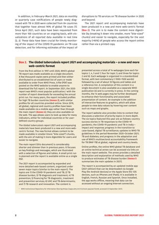 2 GLOBAL TUBERCULOSIS REPORT 2021
In addition, in February–March 2021, data on monthly
or quarterly case notifications of people newly diag-
nosed with TB in 2020 were collected from 84 countries
that together have almost 90% of global TB cases (1).
Since April 2021, such data have been requested from
more than 100 countries on an ongoing basis, with vis-
ualizations of all reported data available in real time
(2, 3). These data have been crucial for timely monitor-
ing of the impact of the COVID-19 pandemic on TB case
detection, and for informing estimates of the impact of
disruptions to TB services on TB disease burden in 2020
and beyond.
The 2021 report and accompanying materials have
been produced in a new and more web-centric format
(Box 2). The aim is to make the content more digesti-
ble (by breaking it down into smaller, more “bite-sized”
chunks) and easier to navigate, especially for the vast
majority (>90%) of people who access the report online
rather than via a printed copy.
Box 2. The Global tuberculosis report 2021 and accompanying materials – a new and more
web-centric format
From the first edition in 1997 until 2020, WHO’s global
TB report was made available as a single document.
A few thousand copies were printed and then either
distributed to an established list of users or made
available to order from WHO Press. A file (PDF) was
posted on the WHO website to enable anyone to
download the full report. In September 2021, the 2020
report was WHO’s most popular publication,a
with the
number of report downloads far exceeding the annual
print run. For many years, the report included profiles
for high TB burden countries (Annex 3), with similar
profiles for all countries provided online. Since 2019,
all global, regional and country profiles have been
made available via a mobile app rather than through
the main report (Annex 4); they are also available on
the web. The app allows users to look up data for many
indicators, either for individual countries or for user-
defined country groups.
The Global tuberculosis report 2021 and accompanying
materials have been produced in a new and more web-
centric format. The new format allows content to be
made available in smaller (more “bite-sized”) chunks,
with the aim of making it more digestible for users and
easier to navigate.
The main report (this document) is considerably
shorter and slimmer than in previous years. It focuses
on key findings and messages, which are illustrated
with a selection of figures and tables. A small print run
is planned and the report is available online as a single
PDF.
The 2021 report is accompanied by expanded and
more detailed web-based content, organized under
seven major topics (similar to the main report). The
topics are 1) the COVID-19 pandemic and TB; 2) TB
disease burden; 3) TB diagnosis and treatment; 4) TB
prevention; 5) financing for TB diagnostic, treatment
and prevention services; 6) UHC and TB determinants;
and 7) TB research and innovation. The content is
presented across a total of 14 webpages (one each for
topics 1, 4, 5 and 7; four for topic 3; and three for topics
2 and 6). Each webpage is organized in a standardized
format, with text commentary (~1000–1500 words)
followed by a set of about 10 figures and tables and
a reference list. A compilation of this content in a
single document is also available as a separate WHO
publication (4) and is currently in press. In the coming
months, the 14 web pages may be further developed
to enhance their functionality and associated
presentation of content. An example is the addition
of interactive features to graphics, which will allow
people to view data values by hovering over content
such as maps and graphs.
The report website also provides links to content that
discusses a selection of priority topics in more depth.
The six topics featured this year are as follows: country
success stories in TB responses to the COVID-19
pandemic; the COVID-19 pandemic and TB in India –
impact and response; progress in the transition to
case-based, digital TB surveillance; updates to WHO TB
guidelines in the period November 2020–October 2021;
TB and diabetes; and progress in the adaptation and
use of WHO’s multisectoral accountability framework
for TB (MAF-TB) at global, regional and country levels.
Online profiles, the online WHO global TB database and
an online technical annex can be accessed via links on
the main report website. The annex provides a detailed
description and explanation of methods used by WHO
to produce estimates of TB disease burden (Annex 5
summarizes the main updates in 2021).
The report is accompanied by an updated mobile app
(2021 edition) that can be downloaded via Google
Play (for Android devices) or the Apple Store (for iOS
devices, such as iPhones and iPads). It is available in
English, French, Russian and Spanish. Once installed,
the app works offline, meaning that data can be
accessed without an ongoing Internet connection.
a
WHO Institutional Repository for Information Sharing (https://apps.who.int/iris/most-popular/item#, accessed 23 September 2021).
 