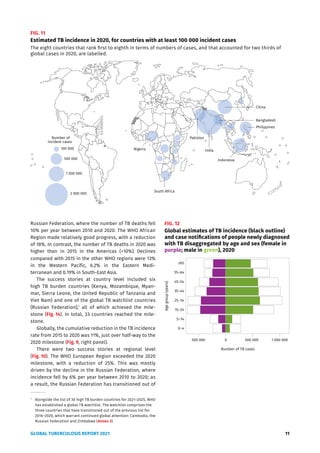 GLOBAL TUBERCULOSIS REPORT 2021 11
FIG. 11
Estimated TB incidence in 2020, for countries with at least 100 000 incident cases
The eight countries that rank first to eighth in terms of numbers of cases, and that accounted for two thirds of
global cases in 2020, are labelled.
Number of
incident cases
100 000
500 000
1 000 000
2 000 000
South Africa
India
China
Indonesia
Philippines
Pakistan
Nigeria
Bangladesh
FIG. 12
Global estimates of TB incidence (black outline)
and case notifications of people newly diagnosed
with TB disaggregated by age and sex (female in
purple; male in green), 2020
500 000 0 500 000 1 000 000
Age
group
(years)
0–4
5–14
15–24
25–34
35–44
45–54
55–64
≥65
Number of TB cases
Russian Federation, where the number of TB deaths fell
10% per year between 2010 and 2020. The WHO African
Region made relatively good progress, with a reduction
of 18%. In contrast, the number of TB deaths in 2020 was
higher than in 2015 in the Americas (+10%). Declines
compared with 2015 in the other WHO regions were 13%
in the Western Pacific, 6.2% in the Eastern Medi-
terranean and 0.19% in South-East Asia.
The success stories at country level included six
high TB burden countries (Kenya, Mozambique, Myan-
mar, Sierra Leone, the United Republic of Tanzania and
Viet Nam) and one of the global TB watchlist countries
(Russian Federation),1
all of which achieved the mile-
stone (Fig. 14). In total, 33 countries reached the mile-
stone.
Globally, the cumulative reduction in the TB incidence
rate from 2015 to 2020 was 11%, just over half-way to the
2020 milestone (Fig. 9, right panel).
There were two success stories at regional level
(Fig. 10). The WHO European Region exceeded the 2020
milestone, with a reduction of 25%. This was mostly
driven by the decline in the Russian Federation, where
incidence fell by 6% per year between 2010 to 2020; as
a result, the Russian Federation has transitioned out of
1
Alongside the list of 30 high TB burden countries for 2021–2025, WHO
has established a global TB watchlist. The watchlist comprises the
three countries that have transitioned out of the previous list for
2016–2020, which warrant continued global attention: Cambodia, the
Russian Federation and Zimbabwe (Annex 3).
 