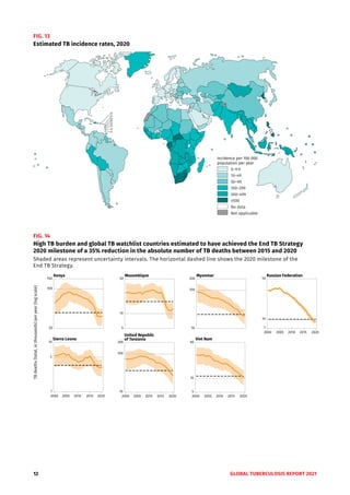 12 GLOBAL TUBERCULOSIS REPORT 2021
FIG. 13
Estimated TB incidence rates, 2020
Incidence per 100 000
population per year
0–9.9
10–49
50–99
100–299
300–499
≥500
No data
Not applicable
FIG. 14
High TB burden and global TB watchlist countries estimated to have achieved the End TB Strategy
2020 milestone of a 35% reduction in the absolute number of TB deaths between 2015 and 2020
Shaded areas represent uncertainty intervals. The horizontal dashed line shows the 2020 milestone of the
End TB Strategy.
TB
deaths
(total,
in
thousands)
per
year
(log
scale)
20
100
150
5
10
50
10
100
200
2000 2005 2010 2015 2020
1
10
2000 2005 2010 2015 2020
10
100
200
2000 2005 2010 2015
5
10
60
5
2000 2005 2010 2015 2020
7
10
50
2020
Kenya Mozambique Myanmar
Sierra Leone
United Republic
of Tanzania Viet Nam
Russian Federation
 