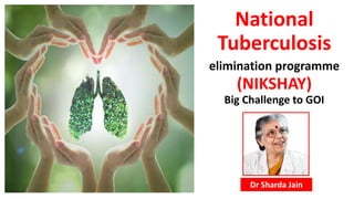 National
Tuberculosis
elimination programme
(NIKSHAY)
Big Challenge to GOI
Dr Sharda Jain
 