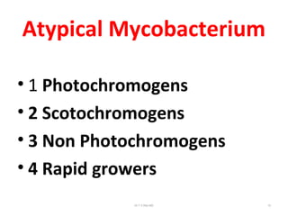 Atypical Mycobacterium
• 1 Photochromogens
• 2 Scotochromogens
• 3 Non Photochromogens
• 4 Rapid growers
Dr.T.V.Rao MD 12
 