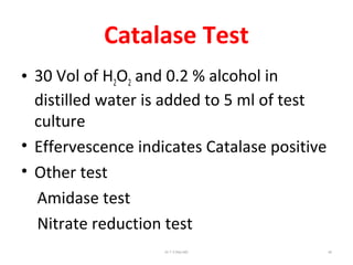 Catalase Test
• 30 Vol of H2O2 and 0.2 % alcohol in
distilled water is added to 5 ml of test
culture
• Effervescence indicates Catalase positive
• Other test
Amidase test
Nitrate reduction test
Dr.T.V.Rao MD 40
 