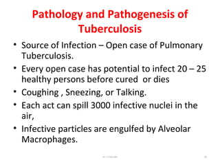 Pathology and Pathogenesis of
Tuberculosis
• Source of Infection – Open case of Pulmonary
Tuberculosis.
• Every open case has potential to infect 20 – 25
healthy persons before cured or dies
• Coughing , Sneezing, or Talking.
• Each act can spill 3000 infective nuclei in the
air,
• Infective particles are engulfed by Alveolar
Macrophages.
Dr.T.V.Rao MD 50
 