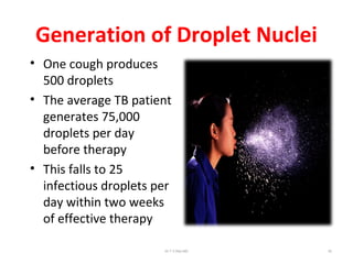 Generation of Droplet Nuclei
• One cough produces
500 droplets
• The average TB patient
generates 75,000
droplets per day
before therapy
• This falls to 25
infectious droplets per
day within two weeks
of effective therapy
Dr.T.V.Rao MD 52
 