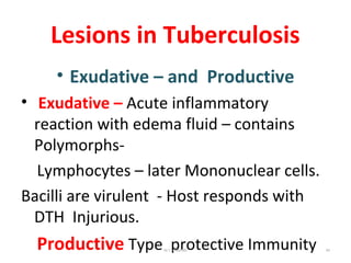 Lesions in Tuberculosis
• Exudative – and Productive
• Exudative – Acute inflammatory
reaction with edema fluid – contains
Polymorphs-
Lymphocytes – later Mononuclear cells.
Bacilli are virulent - Host responds with
DTH Injurious.
Productive Type protective ImmunityDr.T.V.Rao MD 63
 