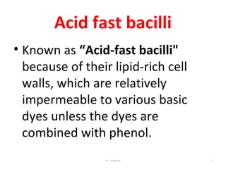 Acid fast bacilli
• Known as “Acid-fast bacilli"
because of their lipid-rich cell
walls, which are relatively
impermeable to various basic
dyes unless the dyes are
combined with phenol.
Dr.T.V.Rao MD 7
 