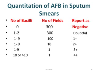 Quantitation of AFB in Sputum
Smears
• No of Bacilli No of Fields Report as
• 0 300 Negative
• 1-2 300 Doubtful
• 1- 9 100 1+
• 1- 9 10 2+
• 1-9 1 3+
• 10 or >10 1 4+
Dr.T.V.Rao MD 89
 