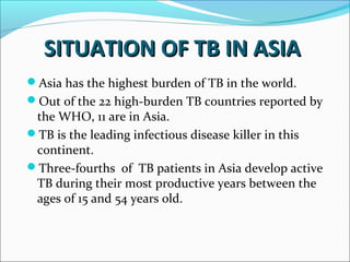 SITUATION OF TB IN ASIASITUATION OF TB IN ASIA
Asia has the highest burden of TB in the world.
Out of the 22 high-burden TB countries reported by
the WHO, 11 are in Asia.
TB is the leading infectious disease killer in this
continent.
Three-fourths of TB patients in Asia develop active
TB during their most productive years between the
ages of 15 and 54 years old.
 