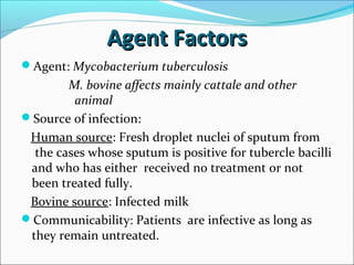 Agent FactorsAgent Factors
Agent: Mycobacterium tuberculosis
M. bovine affects mainly cattale and other
animal
Source of infection:
Human source: Fresh droplet nuclei of sputum from
the cases whose sputum is positive for tubercle bacilli
and who has either received no treatment or not
been treated fully.
Bovine source: Infected milk
Communicability: Patients are infective as long as
they remain untreated.
 