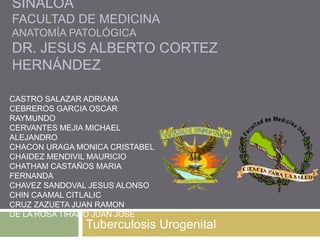 SINALOA
FACULTAD DE MEDICINA
ANATOMÍA PATOLÓGICA
DR. JESUS ALBERTO CORTEZ
HERNÁNDEZ

CASTRO SALAZAR ADRIANA
CEBREROS GARCIA OSCAR
RAYMUNDO
CERVANTES MEJIA MICHAEL
ALEJANDRO
CHACON URAGA MONICA CRISTABEL
CHAIDEZ MENDIVIL MAURICIO
CHATHAM CASTAÑOS MARIA
FERNANDA
CHAVEZ SANDOVAL JESUS ALONSO
CHIN CAAMAL CITLALIC
CRUZ ZAZUETA JUAN RAMON
DE LA ROSA TIRADO JUAN JOSE
               Tuberculosis Urogenital
 
