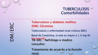 DM/ERC
Tuberculosis y diabetes mellitus
(DM): Glicemias
Tuberculosis y enfermedad renal crónica (ERC)
Basal de Creatinina, si este es mayor a 1,3 mg/dl :
Descartar ERC.
TB-ERC : Nefrólogo o medico
consultor.
Tratamiento de acuerdo a la función
renal.
TUBERCULOSIS
Comorbilidades
 