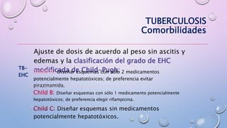 TB-
EHC
Ajuste de dosis de acuerdo al peso sin ascitis y
edemas y la clasificación del grado de EHC
modificada de Child-Pugh:Child A: Diseñar esquemas con sólo 2 medicamentos
potencialmente hepatotóxicos; de preferencia evitar
pirazinamida.
Child B: Diseñar esquemas con sólo 1 medicamento potencialmente
hepatotóxicos; de preferencia elegir rifampicina.
Child C: Diseñar esquemas sin medicamentos
potencialmente hepatotóxicos.
TUBERCULOSIS
Comorbilidades
 