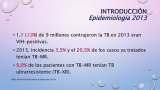INTRODUCCIÓN
Epidemiologia 2013
• 1,1 (13%) de 9 millones contrajeron la TB en 2013 eran
VIH-positivas.
• 2013, incidencia 3,5% y el 20,5% de los casos ya tratados
tenían TB-MR.
• 9,0% de los pacientes con TB-MR tenían TB
ultrarresistente (TB-XR).
*OMS, Informe mundial sobre la tuberculosis 2014.
 