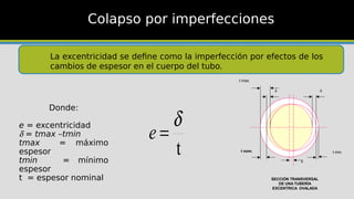 Colapso por imperfecciones
La excentricidad se define como la imperfección por efectos de los
cambios de espesor en el cuerpo del tubo.
t nom. t min.
t max.



SECCIÓN TRANSVERSAL
DE UNA TUBERÍA
EXCENTRICA OVALADA
Donde:
e = excentricidad
 = tmax –tmin
tmax = máximo
espesor
tmin = mínimo
espesor
t = espesor nominal
t


e
 