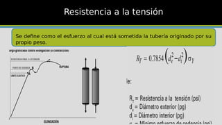 Resistencia a la tensión
Se define como el esfuerzo al cual está sometida la tubería originado por su
propio peso.
 