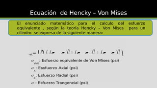 El enunciado matemático para el calculo del esfuerzo
equivalente , según la teoría Hencky – Von Mises para un
cilindro se expresa de la siguiente manera:
Ecuación de Hencky – Von Mises
 