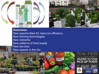 Outcomes:
New opportunities for resource efficiency
New farming technologies
New networks
New patterns of food supply
New services
New spaces in the city

 