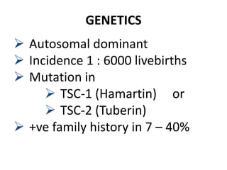 GENETICS
 Autosomal dominant
 Incidence 1 : 6000 livebirths
 Mutation in
 TSC-1 (Hamartin) or
 TSC-2 (Tuberin)
 +ve family history in 7 – 40%
 
