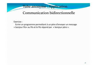 Communication bidirectionnelle
Exercice :
Ecrire un programme permettant à un père d’envoyer un message
« bonjour fils» au fils et le fils répond par « bonjour père ».
Tube anonyme : Application
18
 