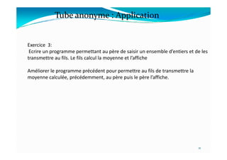 Exercice 3:
Ecrire un programme permettant au père de saisir un ensemble d’entiers et de les
transmettre au fils. Le fils calcul la moyenne et l’affiche
Améliorer le programme précédent pour permettre au fils de transmettre la
moyenne calculée, précédemment, au père puis le père l’affiche.
Tube anonyme : Application
21
21
moyenne calculée, précédemment, au père puis le père l’affiche.
 
