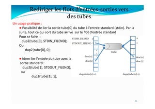 Rediriger les flots d’entrées-sorties vers
des tubes
Un usage pratique :
● Possibilité de lier la sortie tube[0] du tube à l’entrée standard (stdin). Par la
suite, tout ce qui sort du tube arrive sur le flot d’entrée standard
Pour se faire :
dup2(tube[0], STDIN_FILENO);
Ou
dup2(tube[0], 0);
● Idem lier l’entrée du tube avec la
sortie standard :
dup2(tube[1], STDOUT_FILENO);
ou
dup2(tube[1], 1);
23
 
